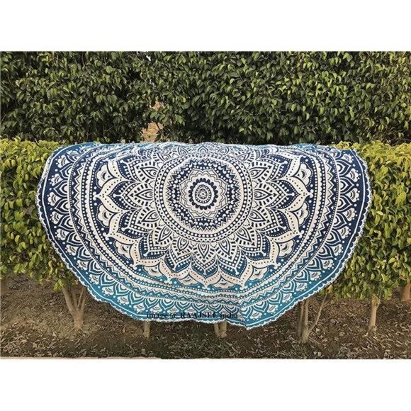 Aqua Blue Ombre Round Beach Tapestry Hippie/Boho Beach Blanket 70 inch Circle - Picture 1 of 3